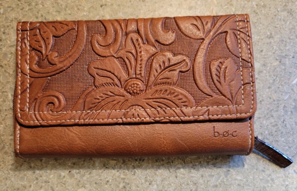 Born Concept b.o.c. Saddle Millstone Deluxe Fold Over Wallet Carved Faux Leather